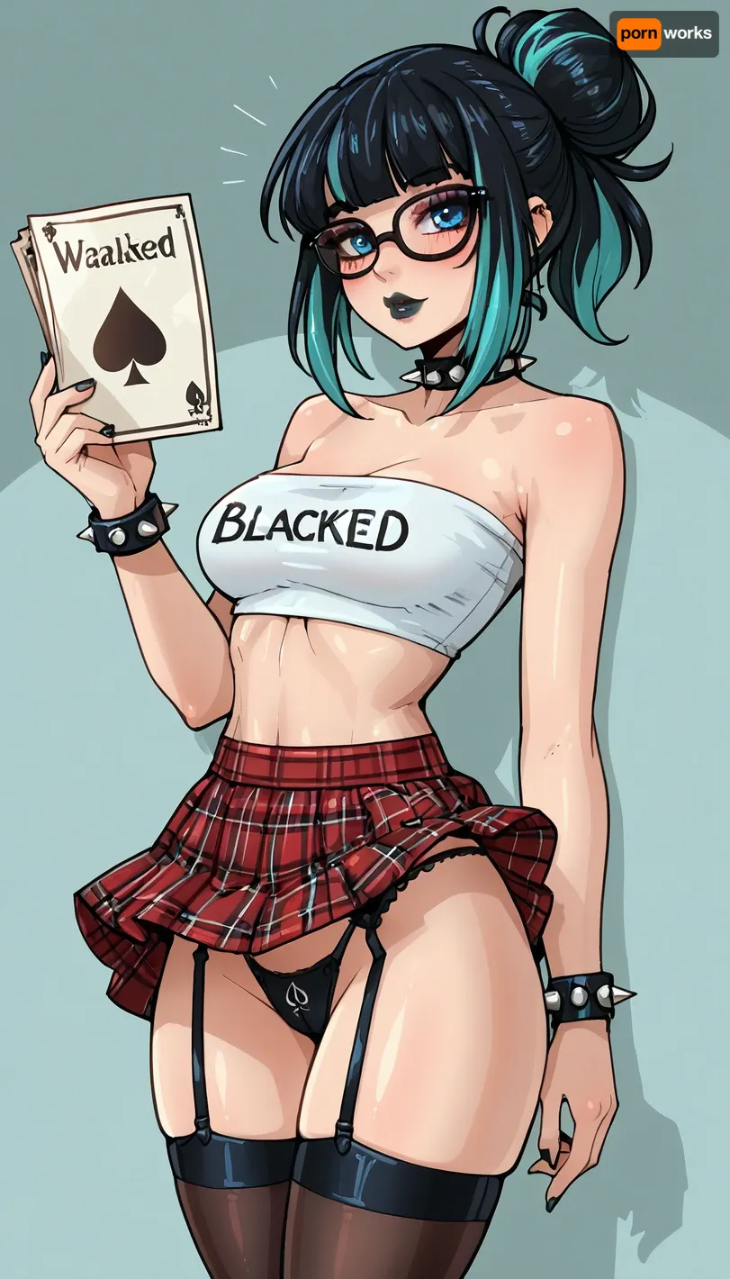 Score_9, score_8_up, score_7_up, (reiq meets innv and markgavatino style:1), 1woman, black hair with highlights, tied hair up ponytail, blue eyes, thick black glasses, spiked choker, spiked bracelets, glamorous goth makeup, black lipstick, ((medium breasts)), breasts bulging out top, wearing a tight blacked branded tube top, red plaid mini skirt, black garter belt underneath, black fishnet stockings, lifted skirt, black thong exposed, queen of spades branded thong, dynamic pose, <lora:ratatatat74-000050:1.9>, <lora:cartoon_stickers_xl_v1:.8>, <lora:LCMTurboMix_Euler_A_fix:1.8>, <lora:detailed_notrigger:1.5>, <lora:hentai_anime_style_xl_v1:1.6>