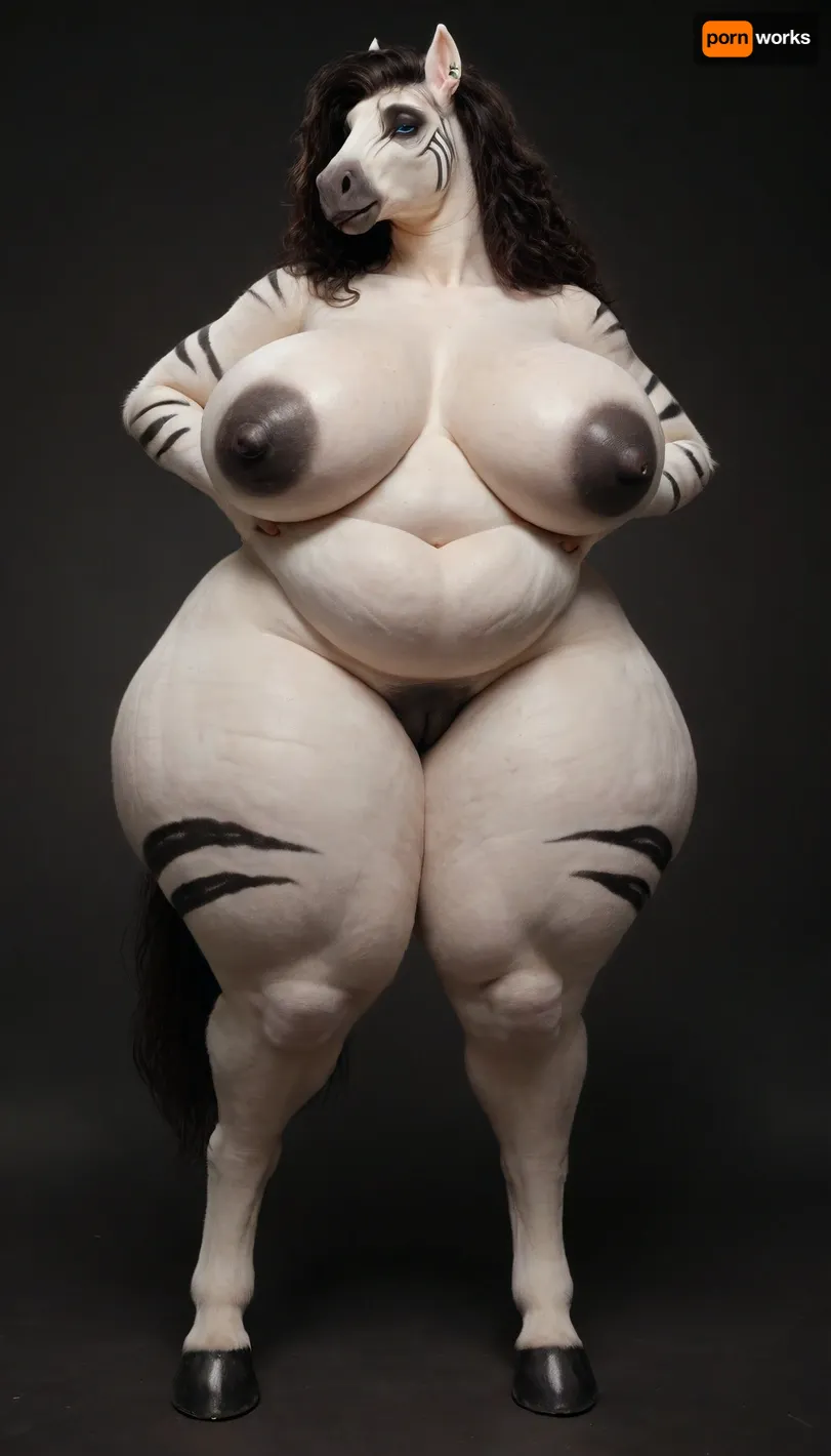 woman, ((Anthro, Character_tanya-winters_crowchild)), dark background, FULL BODY, huge breast, sexy chubby girl, alone, long horse face, nude, body covered in deep white fur, dark zebra stripes throuout fur, soft fur, very bright blue eyes, big tits, looking away, black lips, black lipstick, purple eyeliner, smooth fur, (black background), (perfectly scaled up:1.1), big saggy tits, very wide hips, thick thighs., ((huge tits, floppy tits, thick protruding nipples black nipples)), black vagina, long black maine, full lips, ((wide, very wide hips, thick cellulite hips)), ((belly bulges and sags, deep navel, thick cellulite belly)), super wide huge hips, fursuit, flabby belly, <lora:milkers_v2:.7>, <lora:Fur:.8>, <lora:FursuitXL:.8>, arabian, horse, friesian, centaur, <lora:Horsesv2:.8>