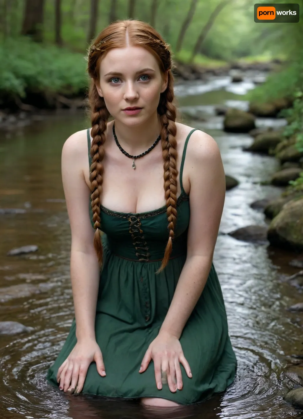 30-year-old full-figured busty woman in simple historical gothic dress with long ginger hair with braids, whole body view, simple headband in hair, headband, inexpressive face, shy look into the lens, green eyes, narrow face, slim austere face, sunken cheeks, pointed chin, small nose, very narrow lips, thin light eyebrows, wooden beads around neck, very pale complexion, white skin, no makeup on face, full figure, big breasts, wide hips, kneels in water of a forest stream and washes dress by hands, full body view