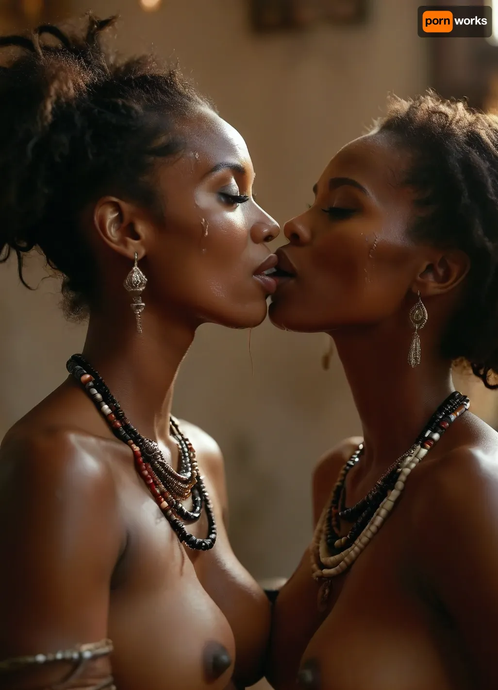 portrait profile 3/4 view of 2 female of 30 year old female African Ebony queen with tribal jewelery, pressed tightly together, They kiss tenderly, their tongues mingling, very covered in thick white realistic cum, very deflated breasts, very empty flat breasts, normal-sized very drooping breasts, sexy expression, woman, cum on face, cum on breasts, <lora:MJ52:.3>, <lora:BUT_SDXL_SHS:1.3>, <lora:add-detail-xl:.7>, <lora:CinematicStyle_v1:2>, <lora:JustCum:.8>