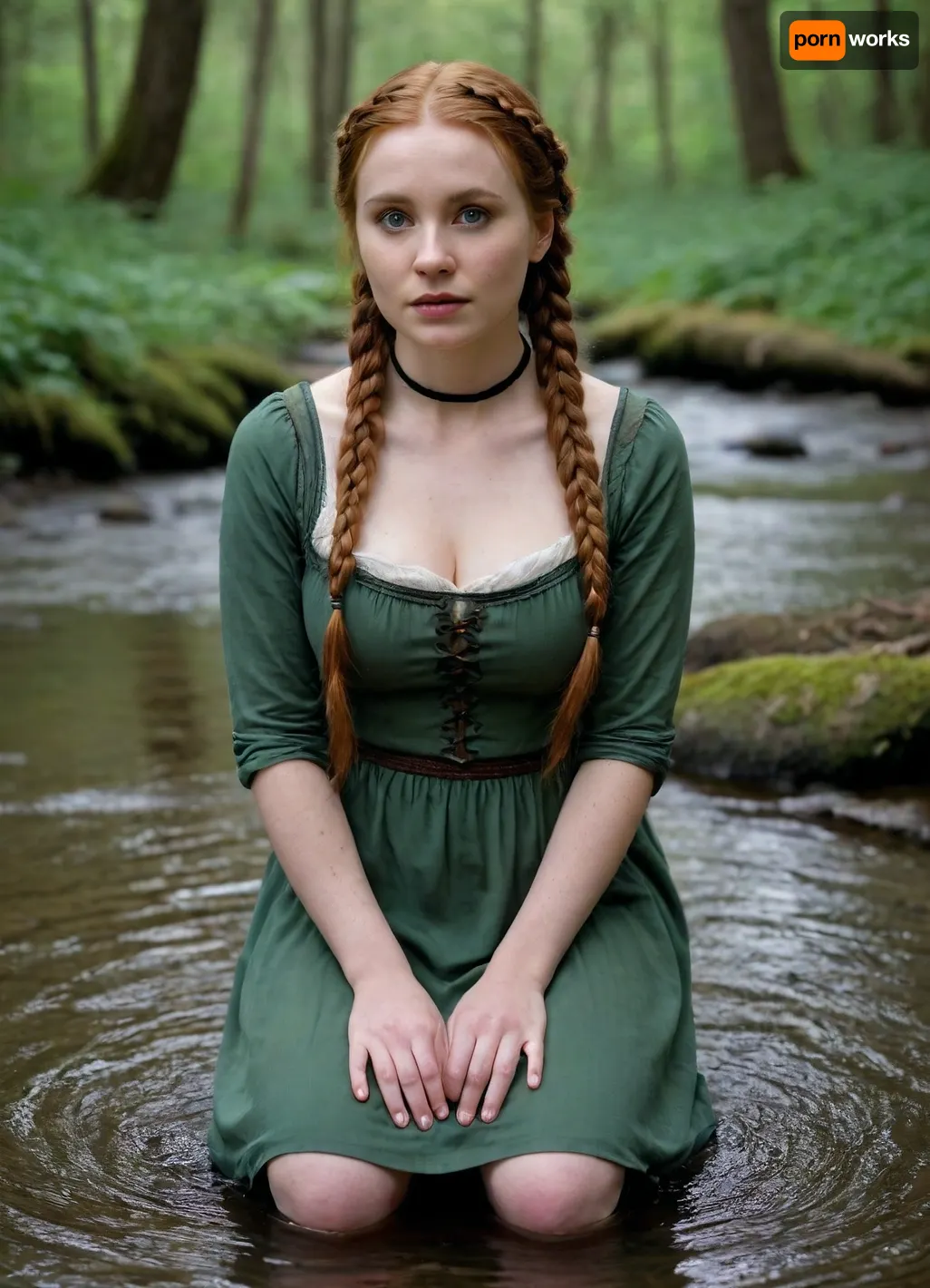 30-year-old full-figured busty woman in simple historical gothic dress with long ginger hair with braids, whole body view, simple headband in hair, headband, inexpressive face, shy look into the lens, green eyes, narrow face, slim austere face, sunken cheeks, pointed chin, small nose, very narrow lips, thin light eyebrows, wooden beads around neck, very pale complexion, white skin, no makeup on face, full figure, big breasts, wide hips, kneels in water of a forest stream and washes dress by hands, full body view
