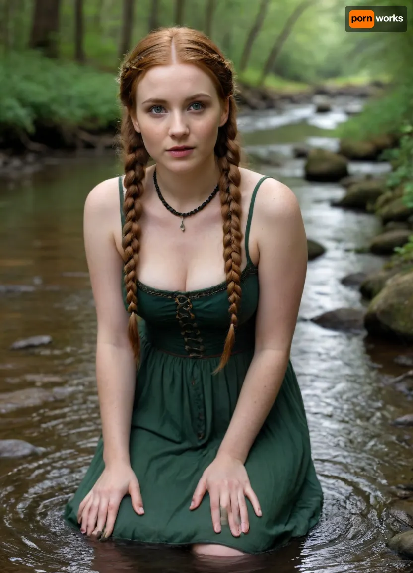 30-year-old full-figured busty woman in simple historical gothic dress with long ginger hair with braids, whole body view, simple headband in hair, headband, inexpressive face, shy look into the lens, green eyes, narrow face, slim austere face, sunken cheeks, pointed chin, small nose, very narrow lips, thin light eyebrows, wooden beads around neck, very pale complexion, white skin, no makeup on face, full figure, big breasts, wide hips, kneels in water of a forest stream and washes dress by hands, full body view