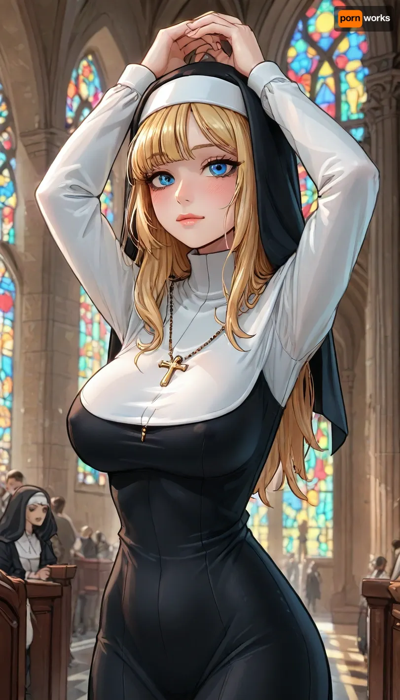Score_9, score_8_up, score_7_up, (reiq meets innv and markgavatino style:1), 8k uhd, 1 woman, 30years old, hyper cute face, immoral nun, erect nipples under clothes, arms up, nun's wrist restraints, Binding with arms up, church, afternoon sunlight coming from behind, oculus, (skylight afternoon), backlit, high contrast, (dramatic lighting:1), (dynamic motion, motion blur), score_9, <lora:ratatatat74-000050:1.9>, <lora:cartoon_stickers_xl_v1:.8>, <lora:add-detail-xl:1.7>, <lora:LCMTurboMix_Euler_A_fix:1.8>, <lora:detailed_notrigger:1.5>