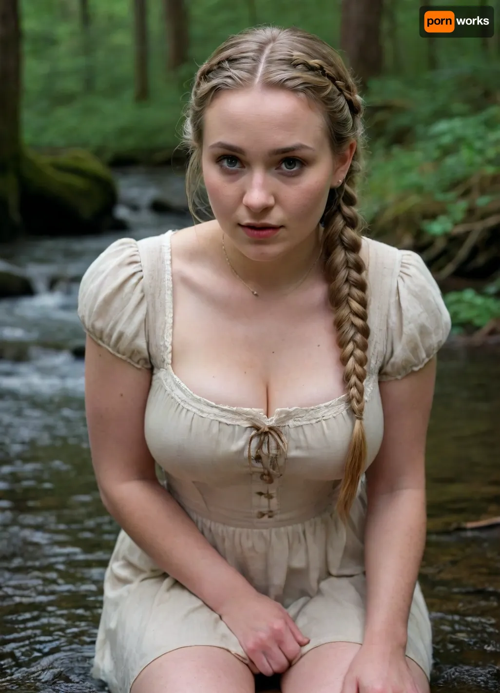 30-year-old full-figured busty woman in simple historical gothic dress with long blonde hair with braids, whole body view, simple headband in hair, headband, inexpressive face, shy look into the lens, brown eyes, narrow face, slim austere face, sunken cheeks, pointed chin, small nose, very narrow lips, thin light eyebrows, wooden beads around neck, very pale complexion, white skin, no makeup on face, full figure, big breasts, wide hips, kneels in water of a forest stream and washes dress by hands, full body view