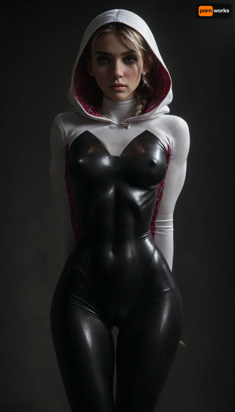 (((18 years old))), (((young))), (spider girl Gwen Stacy), Braided side Side Cornrows white Hair, (seductive shy face), ((tight outfit)), (athletic body:1.5), (athletic abs and legs), (hip gap:1.3), ((wide hips)), (narrow waist:1.6), (white hair), (view from front:1.6), standing, (makeup), ((pussy cameltoe:1.4)), (wet clothes), (makeup:1.4), (oiled skin:1.7), (wet tight bodysuit:1.8), hand, 1girl, (athletic ass), (high detailed face:1.5), dim lights, (hard nipples:1.3), (legs together:2), (big perky boobs:1.4), big breast, (chiaroscuro lighting:.3), <lora:HandFineTuning_XL:1>, <lora:MGLRbodysuit_sdxl:.6>, <lora:uberfit_lora_sdxl:.4>, <lora:dark:.3>, <lora:M0llY_PARK3R-000001:.8>