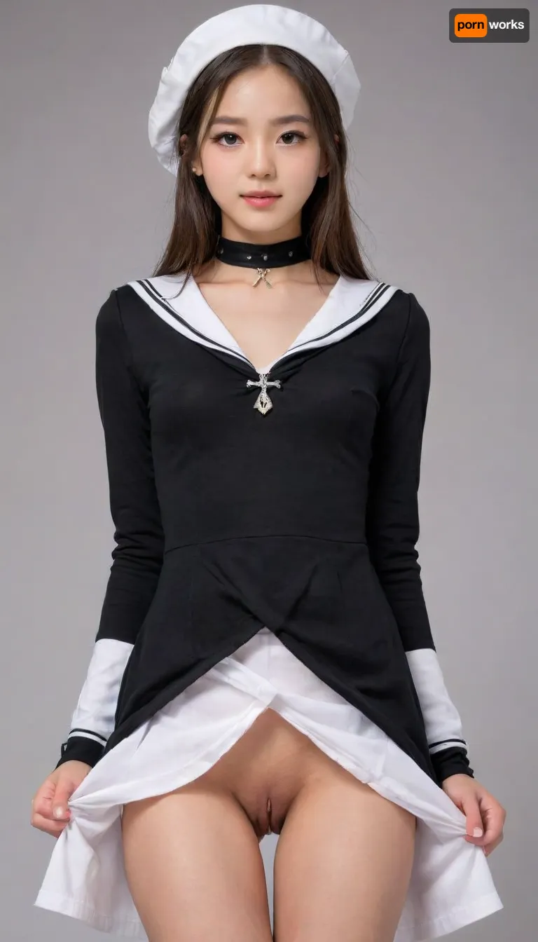 ultra-detailed, NSFW, 1girl, kpop idol beauty, natural face, (highly detailed face), lifelike, petite body, solo, dress, hat, head tilt, simple background, looking at viewer, choker, long sleeves, chain, grey background, white dress, beret, sailor collar, closed mouth, neckerchief, standing, cross, black choker, coat, white background, black dress, cowboy shot, flashing pussy, pussy exposed, cute vagina, skirt lifted by self, skirt, lift, <lora:heita_Dim8:1>, <lora:nudity_v02_i1300:.1>, <lora:skirtLift:.8>