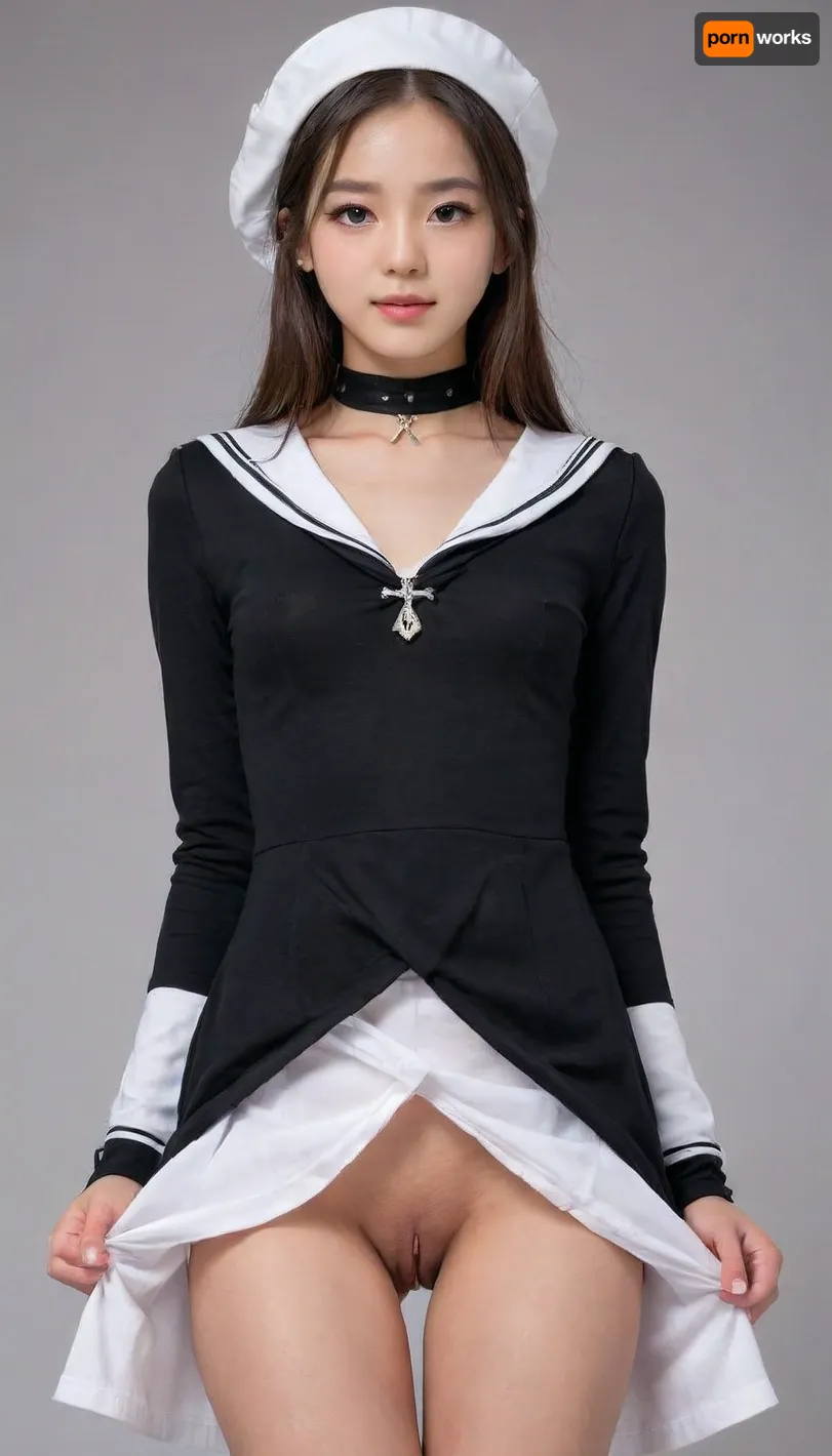 ultra-detailed, NSFW, 1girl, kpop idol beauty, natural face, (highly detailed face), lifelike, petite body, solo, dress, hat, head tilt, simple background, looking at viewer, choker, long sleeves, chain, grey background, white dress, beret, sailor collar, closed mouth, neckerchief, standing, cross, black choker, coat, white background, black dress, cowboy shot, flashing pussy, pussy exposed, cute vagina, skirt lifted by self, skirt, lift, <lora:heita_Dim8:1>, <lora:nudity_v02_i1300:.1>, <lora:skirtLift:.8>