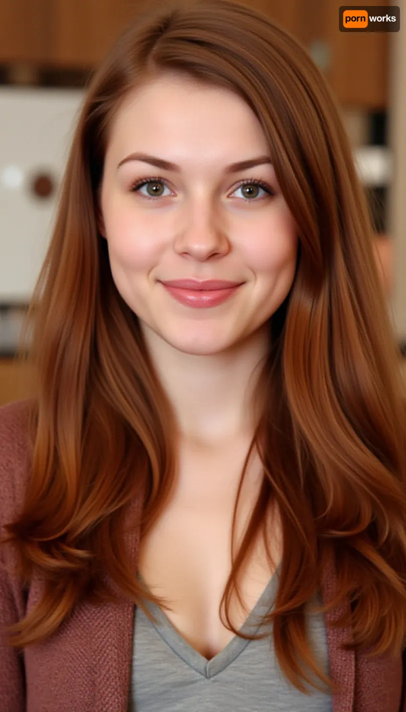 Irish Celtic redhead, 31 years old, very pale milky skin with light natural freckles across nose and cheeks, large bright hazel-green eyes with playful sparkle, long loose natural auburn-red hair with soft waves reaching past shoulders, round heart-shaped face with soft full cheeks, small slightly upturned nose, wide natural smile with dimples, warm and mischievous expression, slim but softly curved feminine build with gentle hips, average height, bubbly confident posture, radiant and approachable Irish charm