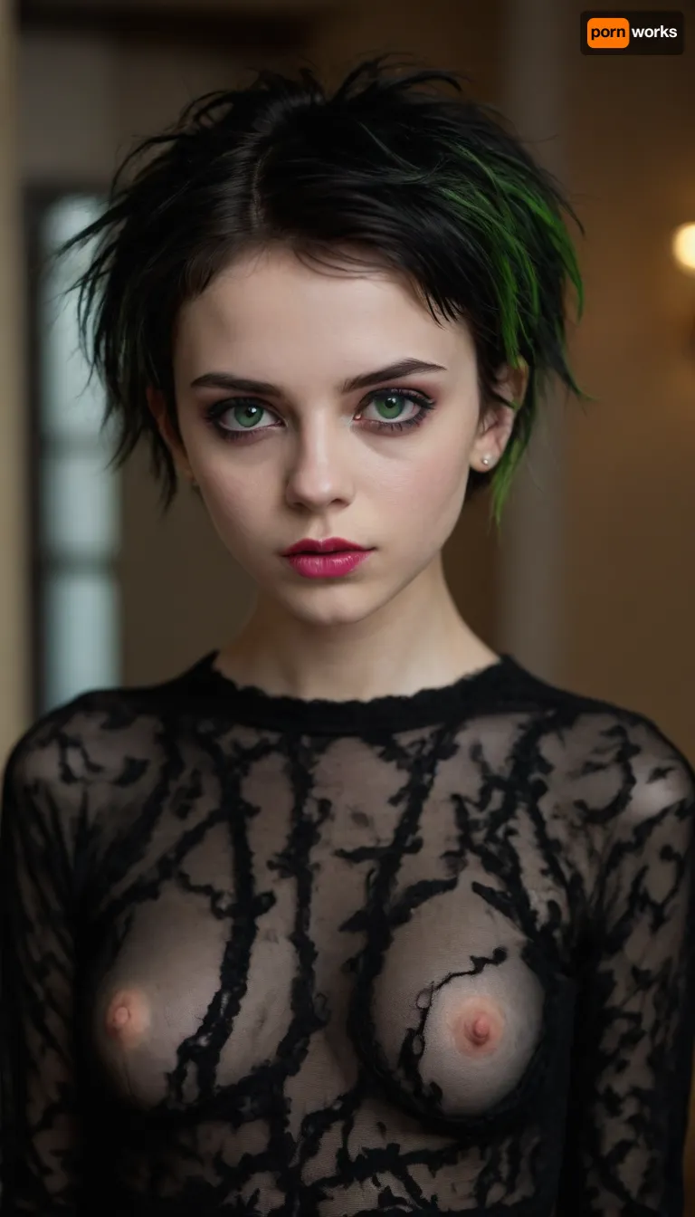 18 year old petite girl, shaved pussy, medium breasts, hot pink lipstick, torn open clothes, black messy hair, goth, gothic style, small tits, ((full body visible)), petite model, quite young, perfect face, bright green eyes, pretty, close-up, petite body, full body photo, beautiful face