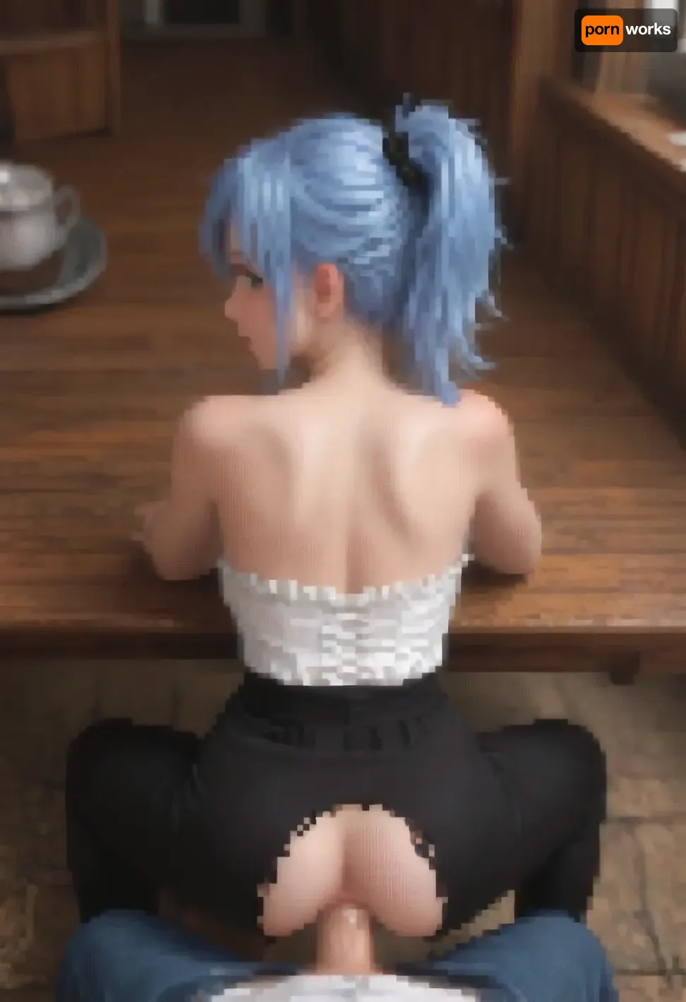 one girl 18 years old, pale skin, super model slim body, model slim body, light blue hair, ponytail, details, 8k wallpaper, normal size eyes, deep blue eyes, e, symmetrical eyes, detailed irises, detailed eyes, skin pores, black eyeliner, textured skin, very large breasts, perfect arms, wide hips, standing on table, dirndl, dropped pants, spread legs, oktoberfest background, anal, open anus, view from behind, <lora:pixel-art-xl-v1.1:.8>, <lora:pk_trainer_xl_v1:.8>, Pixel, Art, PixArFK, <lora:PixelArtRedmond-Lite64:.8>, pixel, art, <lora:pxx4_v1_alpha:.8>, pov_deepthrt, deepthroating, a, man's, penis, blsdp, <lora:concept_pov_dt_xl2-000020:.8>