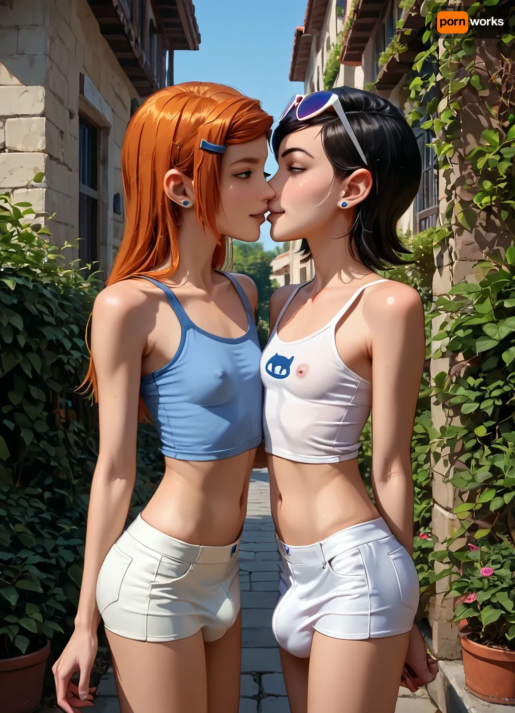 score_9, score_8_up, score_7_up, breasts, duo, (((2girls))), asian, futanari, femboys, Pattaya, Thai, penis, testicles, nipples, very small ass, very skinny, very skinny body, skinny tighs, visible ribs, very long straight black_hair, smile, smiling, eyewear_on_head, (white tank top), no bra, (very short skirt), (((very big bulge))), very visible bulge, small_breasts, navel, very_long_hair, looking_at_viewer, kissing, newhalf, futa_with_futa, day, side_view, standing, standing in garden in front of luxurious white villa, gwen, tennyson, (/Ben10), /, (ultra, HD, quality, details), bright, orange, hair, short, (green, eyes), <lora:Gwen Tennyson (Ben10) - XL SCXL V1.0:.8>