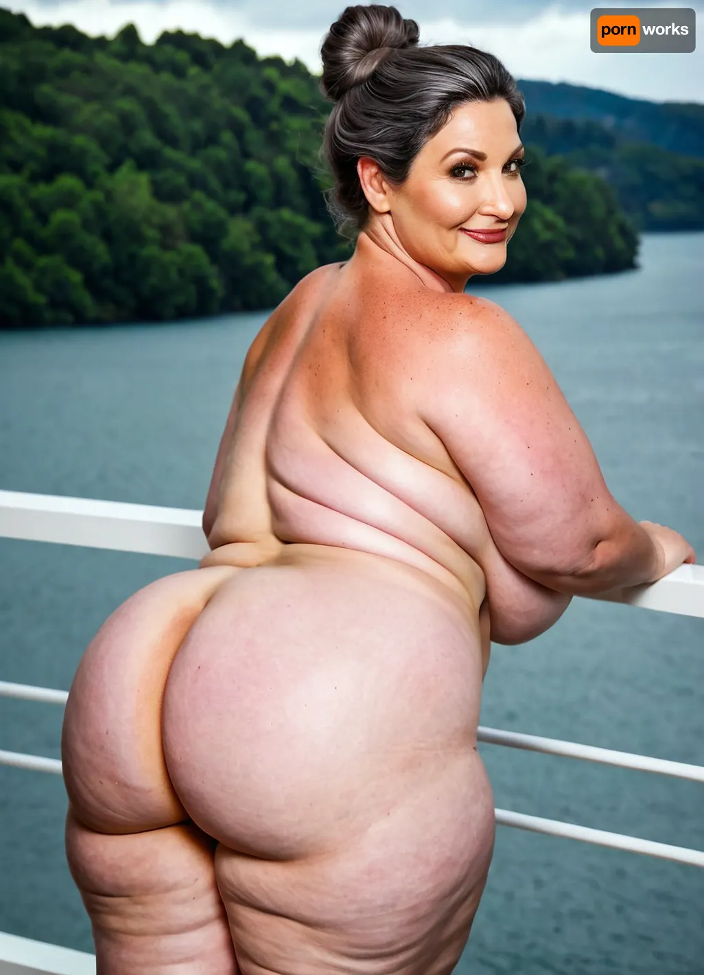 (55 year old milf:1.4), (Caucasian ethnicity:1.3), (pale skin:1.3), looking back at the viewer winking, arms on sides. She has, (grey brown updo hair:1.3), . Wearing, (naked:1.1), ., (wrinkles:1.45), (curvy woman, average face, skinny waist, very fat thighs:1.55), (giant ass:1.4), lake view, balcony, grey overcast. portrait