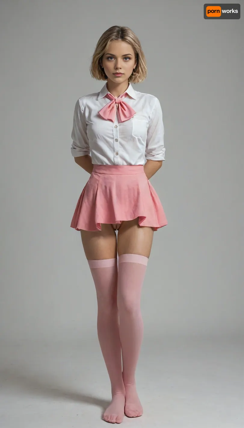 masterpiece, best quality, very awa, very aesthetic, newest, thick outlines, very detailed, 1girl, solo, standing, beautiful, cute, kawaii, Elle, adult face, short blonde bob cut, big blue eyes, beautiful face, toned body, white unbuttoned shirt, tits visible, ascot, pink mini skirt, pink mini-skirt, upskirt, no underwear, pussy visible, pink thighhighs, hair bow, highly detailed, intricate, cute pose, modelshoot, abstract background, petite, perfect body, medium perky tits, sexy pose, erotic, seductive, medium perky breasts, innie pussy, cowboy shot, shadows, dynamic angle, dutch angle, dramatic lighting, cinematic lighting, full body view