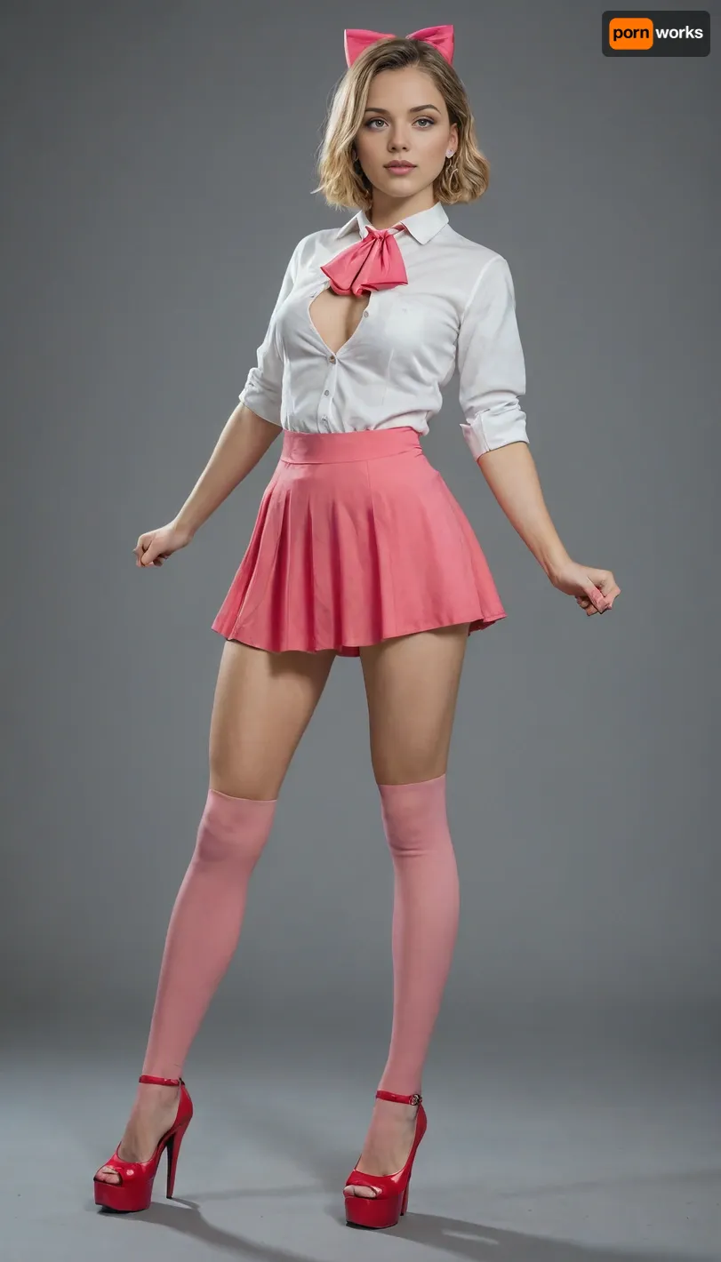 masterpiece, best quality, very awa, very aesthetic, newest, thick outlines, very detailed, 1girl, solo, standing, beautiful, cute, kawaii, Elle, adult face, short blonde bob cut, big blue eyes, beautiful face, toned body, white unbuttoned shirt, tits visible, ascot, pink mini skirt, pink mini-skirt, upskirt, no underwear, pussy visible, pink thigh highs, high heels on platform, hair bow, highly detailed, intricate, cute pose, modelshoot, abstract background, petite, perfect body, medium perky tits, sexy pose, erotic, seductive, medium perky breasts, innie pussy, cowboy shot, shadows, dynamic angle, dutch angle, dramatic lighting, cinematic lighting, very fat old man, full body view