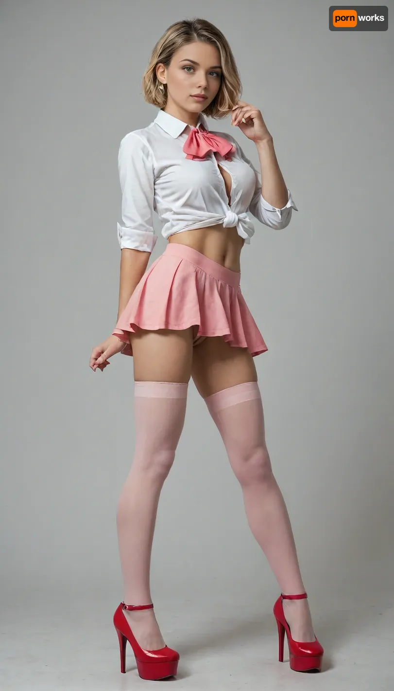 masterpiece, best quality, very awa, very aesthetic, newest, thick outlines, very detailed, 1girl, 1man, standing, beautiful, cute, kawaii, Elle, adult face, short blonde bob cut, big blue eyes, beautiful face, toned body, white unbuttoned shirt, tits visible, ascot, pink mini skirt, pink mini-skirt, upskirt, no underwear, pussy visible, pink thigh highs, high heels on platform, hair bow, highly detailed, intricate, cute pose, modelshoot, abstract background, petite, perfect body, medium perky tits, sexy pose, seductive, medium perky breasts, innie pussy, cowboy shot, shadows, dynamic angle, dutch angle, dramatic lighting, cinematic lighting, very fat old man, man grap girl butt, full body view