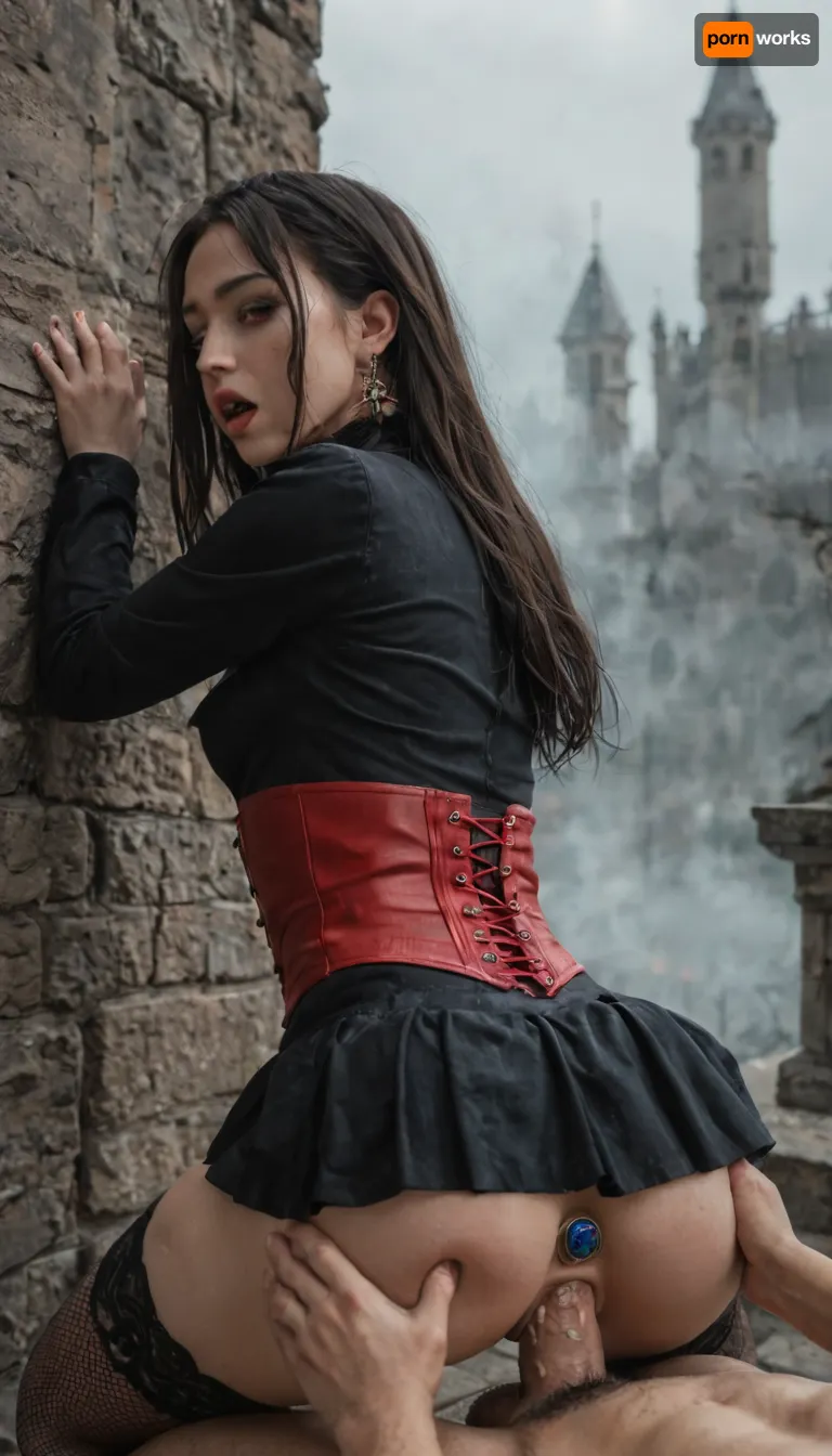 1Woman, puffy vagina, fat labia, puffy labia, vampire, night, mist, fog, long hair, small breasts, red eyes, black long coat, black fishnet stockings, choker, black skirt, black pubic hair landing strip, red corset, standing, bent over, spread legs, big cock, 1boy, vaginal, Pinned to the wall, view from above, spread ass, side view, ancient castle, butt plug, sexy look "do you want to fuck me too, viewer?", puffy pussy, Orgasm, closing eyes in orgasm, female orgasm, moans, groans, an orgasmic expression, exquisite sexual intimacy, deep sexual connection, beautiful sex, lovemaking, (female with sexy thighhighs:1.5), detailxl