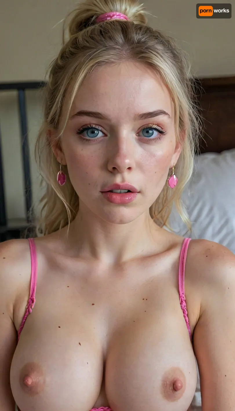 18yearold blonde cutie with the cutest face possible, very slim body, pale skin, small body, ((pink top with the text “CUM SLUT” printed on it)), (busty perky boobs), (cleavage), freckles, terrified of the viewer, eye contact, long wavy hair in a high ponytail with a pink scrunchy, wide panicked eyes, blue eyes, bedroom, stud earrings, toned belly, 4ng3l, face, <lora:SDXL_BetterFaces-LoRA_v1:.3>