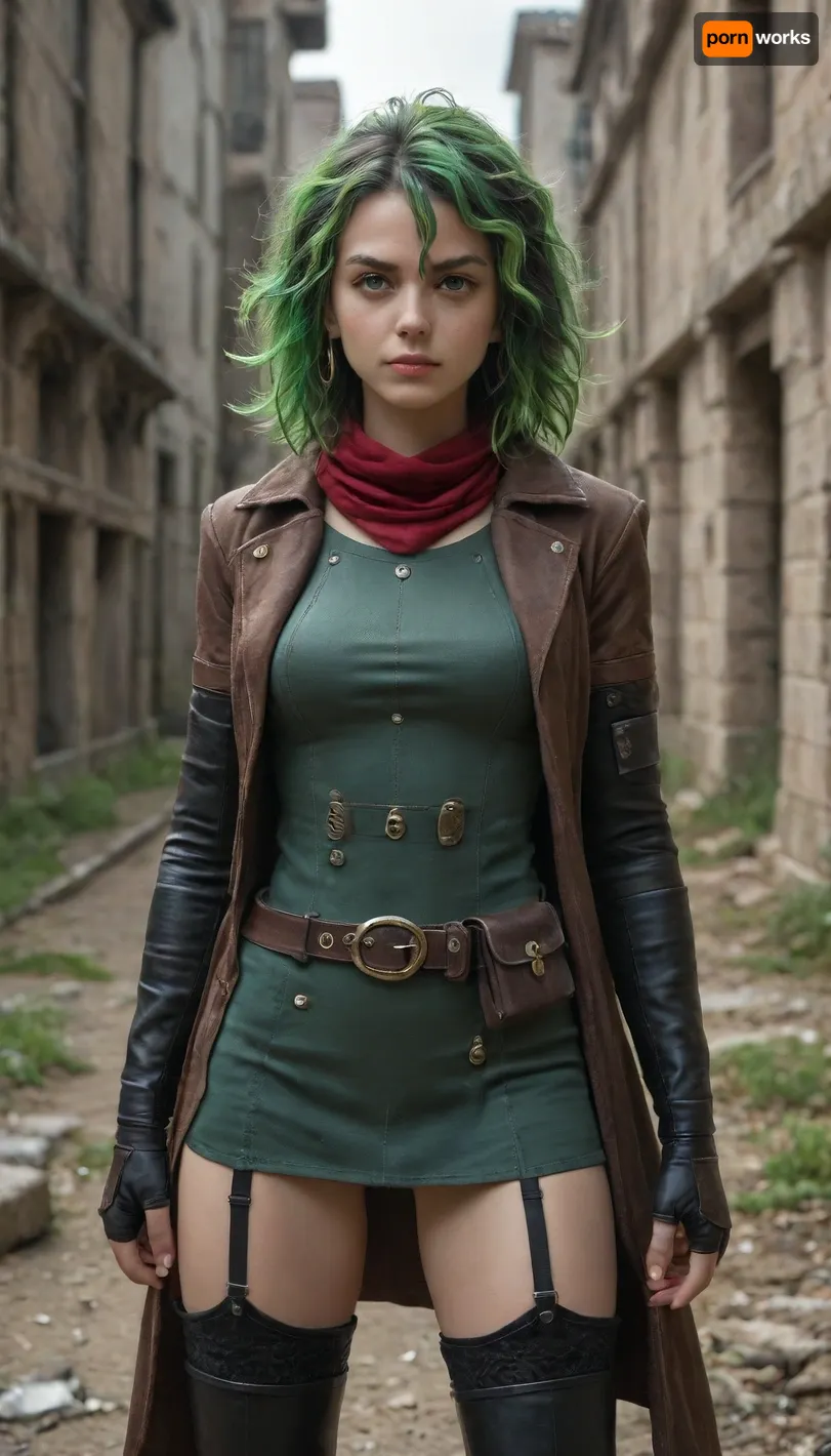 masterpiece, best quality, amazing quality, 1girl, solo, KJOtoru, green hair, green eyes, multicolored hair, pink streaked hair, multicolored eyes, medium hair, antenna hair, messy hair, hair between eyes, thick eyelashes, colored eyelashes, standing, heroic stance, fantasy, D&D theme, thief, scarf, asymmetrical armwear, single pauldron, elbow gloves, fingerless gloves, bracer, surcoat, multiple belts, belt pouch, leather purse, leather garter straps, wool thighhighs, thigh boots, leather boots, battlefield, ruins, serious, medium breasts