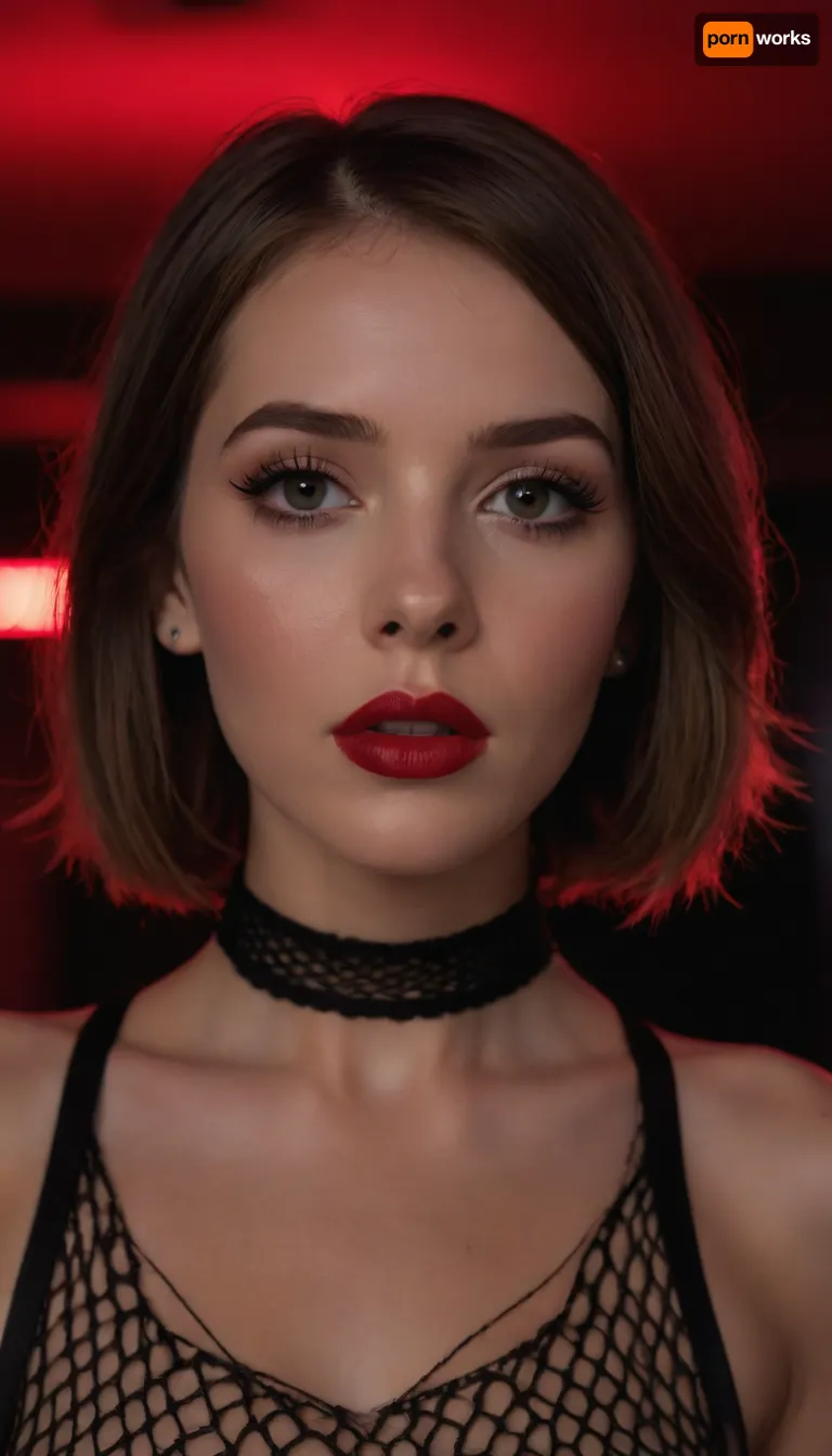 masterpiece, high def, full light, close-up portrait, (neon light above head), skinny, beautiful, sexy, cute, teasing, inviting, nasty hooker, 20 yo, arrow jaw, brown hair, (80th haircut), red lipstick, black choker, fishnetdress, we see her ample boobs and erect nipples through her fishnet top, <lora:fishnetdress_XL_reg1_:1.4>