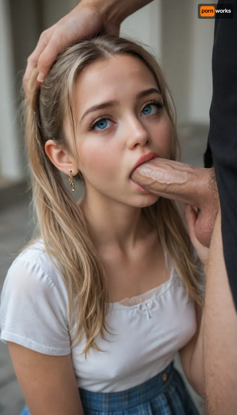 (shot of a legal 18 years old cute virgin), open skirt, blonde hair, pigtails, blue eyes, black mascara, mouth fucked hard, big dick