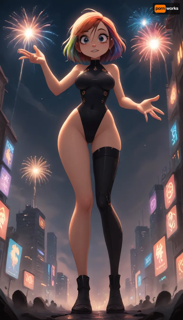 ((Jack cayless art style)), Full-body, athletic cyberpunk MILF, beautiful face, beautiful eyes, mid-leap, reaching outstretched arm, flowing rainbow-colored hair, intricate glowing multi-color neon circuitry on black fitted jumpsuit, cybernetic leg enhancements, dynamic lens flare, motion blur on limbs, low wide-angle perspective, upward gaze, sharp focus on subject, futuristic glass dome rooftop, vibrant exploding fireworks above, city panorama below with extreme neon lights, volumetric fog, cinematic lighting, ultra-realistic, highly detailed, 8k., <lora:add-detail-xl:2>, <lora:princess_xl_v2:.8>, <lora:DetailedEyes_V3:2>, <lora:Animated_Concept:.9>