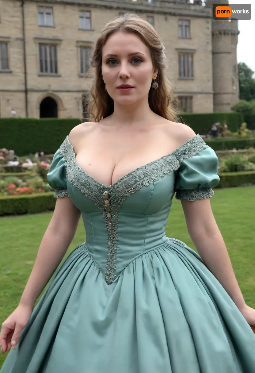 masterpiece, best quality, photorealistic, 17th century lady, (milf:1.6), (very beautiful:1.4), (big natural tits:1.6), (saggy breasts:.8), curvaceous, Victorian era dress with deep cleavage, heaving breasts, garden of castle, NEGATIVE_HANDS, hoopdress, <lora:bab4d033-acad-4a4e-b6fa-5dda2bad3471.TA_trained:1.4>, <lora:crowd_notrigger:.9>