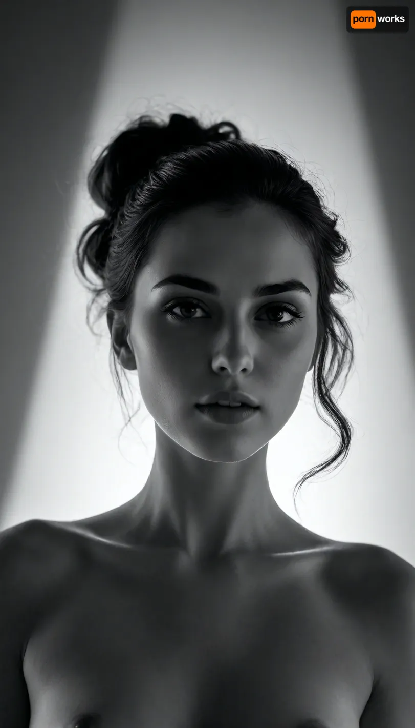 Create a striking black-and-white optical illusion based entirely on dramatic lighting, sculpted shadows, and smooth gradients. The central element is a 22-year-old, stunningly beautiful woman whose presence emerges from the interplay of light and darkness. Her appearance should be partially real and partially suggested, from one perspective, her face and body are clearly visible, but from another, they dissolve into abstract shadow shapes that could be interpreted as different objects, animals, or patterns. Use soft, atmospheric lighting that creates fluid transitions between illuminated areas and deep shadows. The woman’s silhouette should be formed in a way that her features appear only when the viewer focuses on specific shadow clusters. Her hair, pose, and expression should radiate elegance, but without breaking the illusion—everything must feel as though it is formed naturally by shadow gradients rather than explicit outlines. The composition should evoke the feeling of a mysterious stage or a dimly lit room where the light source creates ambiguous forms on the walls. The illusion must constantly shift depending on which shadow the viewer follows, making her alternately visible, hidden, or reinterpreted as an entirely different shape.