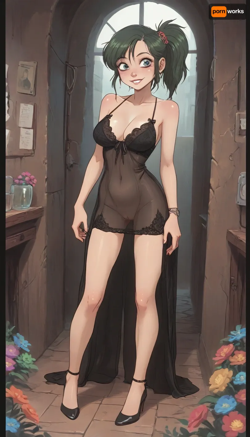 Beautiful MILF, (Jack cayless art style), green hair, high side ponytail, makeup, smiling, perfect eyes, full figure in black transparent gown, micro skirt, (Smooth pussy), Tight lace blouse, cameltoe, (long beautiful legs), stilettos, intricate baroque interior, colourful flowers, (cartoon), tooned, cartoon, low color palette, painted, illustration, made in illustrator, no gradients, incase style, concept, retro, futuristic, flat colors, masterpiece, <lora:ratatatat74-000050:.9>, <lora:outline_xl_kohaku_delta_spv5x:.5>, <lora:cartoon_stickers_xl_v1:.6>, <lora:NEOTOKIOXL_0.2_RC:.4>, <lora:DetailedEyes_V3:.6>