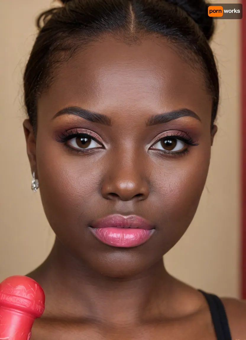 Ultra-realistic, perfect natural skin texture, realistic skin pores, professional photography, best shadow, 8K resolution, UHD, clear image, extremely complex details, ultra-high definition, ultra-sharp textures, full dynamic range, deep contrast, high definition, smooth gradients, full body view, full face, young Nigerian girl, 18 years old., (black skin:2), (hairstyle, straight bangs, ponytail, multicolored hair), (beautiful curvy face, perfect thick lips:1.3), (intricate green eyes), (dark pink lipstick), cute makeup, (legs wide apart, (pussy spread), (red dildo:1.5), curvy face), (perfect small breasts, perfect big ass, thick thighs, chubby body, wide hips), (oiled body:1.5), (perfectly shaved pussy:1.4), (and pink tattoo in the form of a horse on the pubis:1.6), ((perfect purple vagina:1.3)), (piercing in a nautical style, African jewelry, gold jewelry, necklace, suspenders on the arms), (spread pussy, gaping pussy), ((makeup:1.5), long blue eyelashes, olive eyeshadow with glitter), (lips:1.2), pink lipstick, seducing smirks. At the final stage, the cameraman finished on the woman's face makeup., makeup, eyeliner, eyelashes