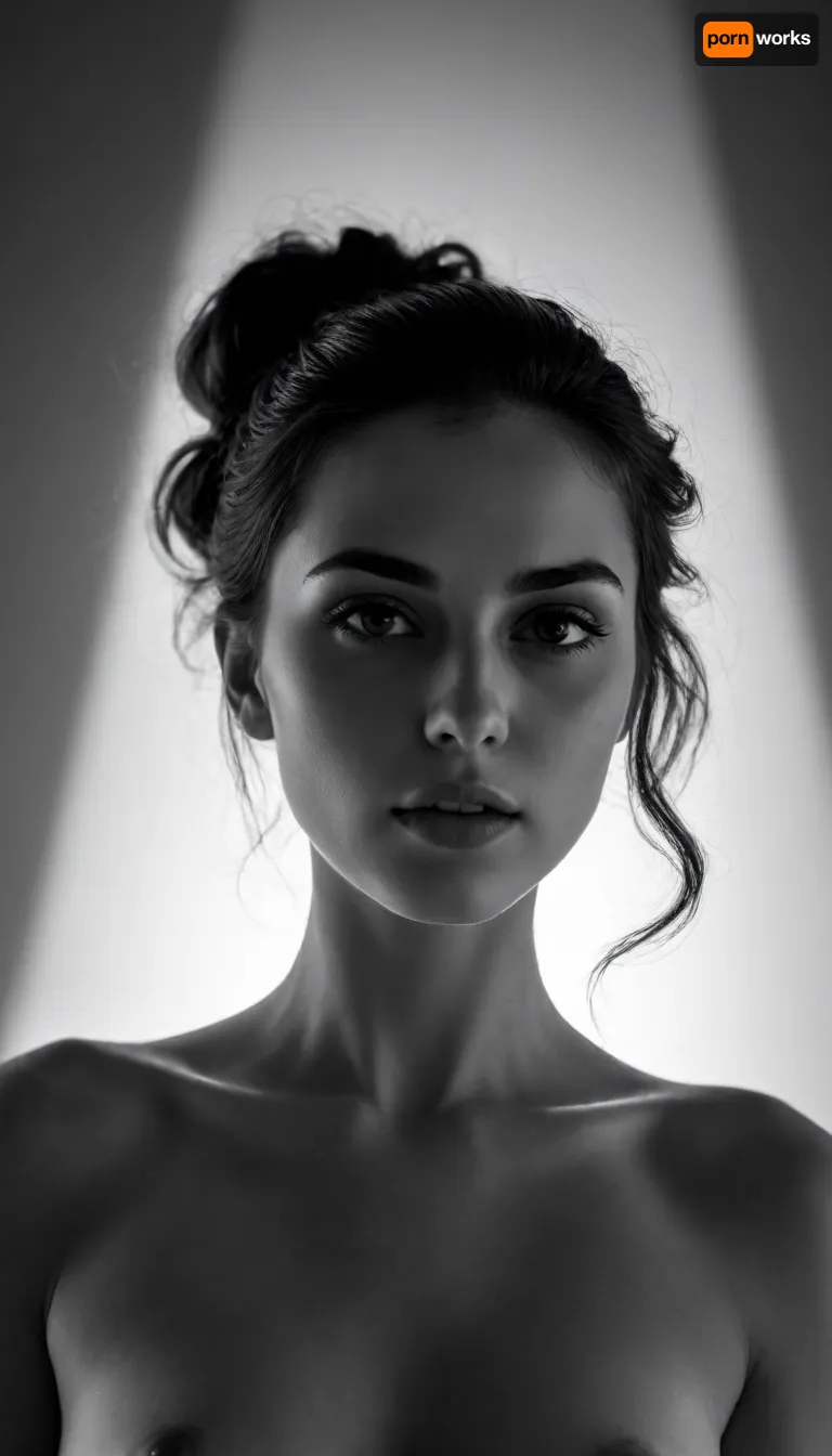 Create a striking black-and-white optical illusion based entirely on dramatic lighting, sculpted shadows, and smooth gradients. The central element is a 22-year-old, stunningly beautiful woman whose presence emerges from the interplay of light and darkness. Her appearance should be partially real and partially suggested, from one perspective, her face and body are clearly visible, but from another, they dissolve into abstract shadow shapes that could be interpreted as different objects, animals, or patterns. Use soft, atmospheric lighting that creates fluid transitions between illuminated areas and deep shadows. The woman’s silhouette should be formed in a way that her features appear only when the viewer focuses on specific shadow clusters. Her hair, pose, and expression should radiate elegance, but without breaking the illusion—everything must feel as though it is formed naturally by shadow gradients rather than explicit outlines. The composition should evoke the feeling of a mysterious stage or a dimly lit room where the light source creates ambiguous forms on the walls. The illusion must constantly shift depending on which shadow the viewer follows, making her alternately visible, hidden, or reinterpreted as an entirely different shape.