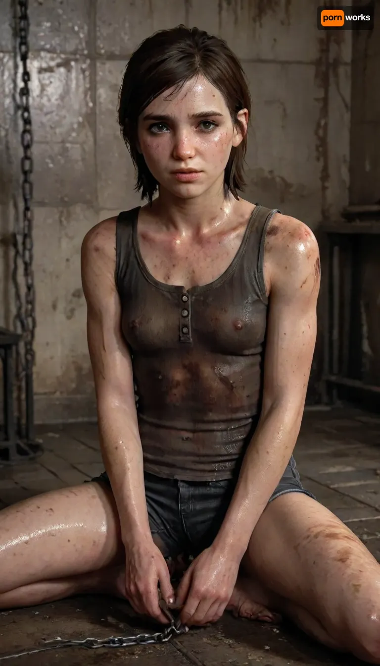 Ellie is the last of us, Beautiful legs, The whole body, in torn clothes, Dynamic pose, Hostage in the basement and in chains, on the wet floor, sweaty, collar around her neck, shackles, Small tits, Small breasts, Skinny, small nipples, petite student, Sex, Erotica, ripped revealing clothes, goth, full body view, Tinymodel, young, pretty young, Young girls, 18 years old, perfect face, dark brown eyes, cute, closeup, petite body, smokey eyes, full body photo, beautiful face, ral-smoldragons, Sitwlup, front, view, side, sitting, <lora:ellie:.8>, <lora:ral-smoldragons-sdxl:1.3>, <lora:SitWithLegUp.0.9.Experimental:.4>