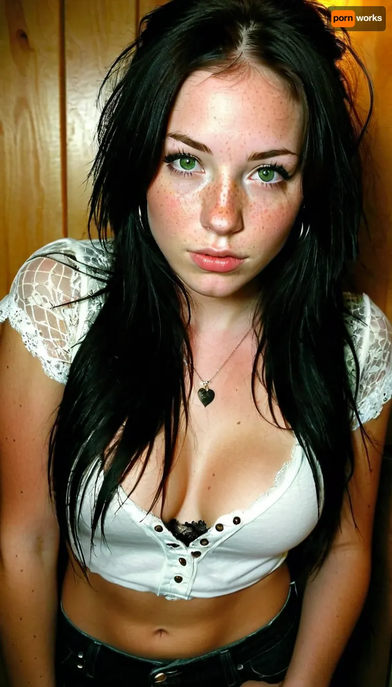 24 year old emo with very sexy, girl wearing snug clothing accentuating her big and sexy bust bcy chest, snug shirt that makes her boobs look very big, extremely sexual curves, tiny waist, tight waist, microwaist, large bust, wide hips, fertile hips, skinny and lean physique. Sensual Emo female body. Long black hair framing a cute freckled face, very long straight flat hair, freckled face, freckled cheeks, beautiful freckles. Has green colored eyes, ., white shirt with black lace sleeves, early 2000's emo attire, wearing emo clothing from the early 2000's, ripped skinny jeans, low-rise skinny jeans, full length skinny jeans. Dynamic lighting, natural lighting, key light, side light, . early 2000's Myspace profile pic selfie, kissy face selfie, standing up, good posture. score_10_up, score_9_up, score_8_up, score_7_up., <lora:add-detail-xl:2>, <lora:MJ52:2>, <lora:WildcardX-XL-Detail-Enhancer:2>, <lora:Adjust_SDXL_v3.0:2>, <lora:eGirls_XL_v1:2>