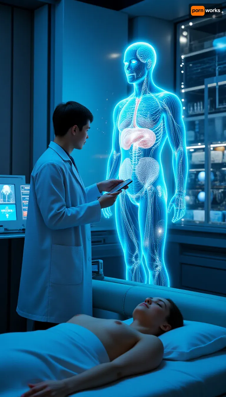 futuristic medical bay with clean metallic architecture, illuminated by cool blue ambient light and hologram reflections, a massive glowing holographic anatomical figure fills the central frame, layered with rotating organ clusters, neural diagrams, floating UI symbols, and volumetric scan grids, the doctor stands clearly in view on the left side, holding a sleek diagnostic tablet while interacting with the hologram, the doctor is illuminated by hologram glow and soft overhead medical lighting, in the background, advanced sci-fi medical equipment, transparent storage units, energy-based diagnostic panels, and sterile alloy surfaces provide environment context, the patient lies on a medical platform at the bottom frame, calm, upper body visible only, covered by a futuristic white medical drape, camera, slightly wider shot to include both doctor and environment, hologram remains central and dominant, patient cropped to shoulders and head, no lower body visible, clean stable framing, lighting, strong holographic primary glow, secondary cool-blue overhead lighting, subtle reflections on doctor’s coat and metallic surfaces, volumetric light shafts from hologram, details, futuristic diagnostic consoles, floating holographic UI layers, transparent medical displays, subtle particles in the air, natural skin texture on patient’s visible areas, sharp hologram clarity