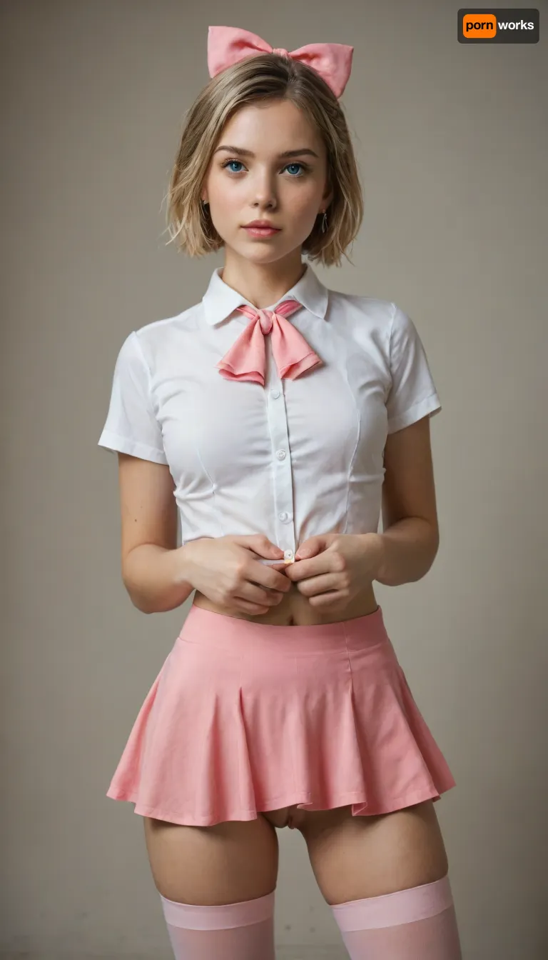 masterpiece, best quality, very awa, very aesthetic, newest, thick outlines, very detailed, 1girl, solo, standing, beautiful, cute, kawaii, Elle, adult face, short blonde bob cut, big blue eyes, beautiful face, toned body, white unbuttoned shirt, tits visible, ascot, pink mini skirt, pink mini-skirt, upskirt, no underwear, pussy visible, pink thighhighs, hair bow, highly detailed, intricate, cute pose, modelshoot, abstract background, petite, perfect body, medium perky tits, sexy pose, erotic, seductive, medium perky breasts, innie pussy, cowboy shot, shadows, dynamic angle, dutch angle, dramatic lighting, cinematic lighting