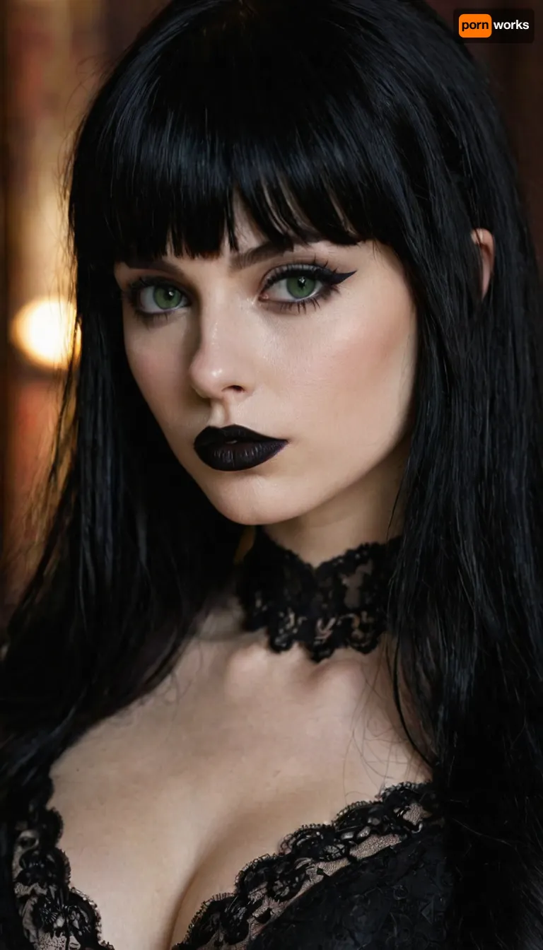 gothic, goth, pale skin, dark green eyes, black hair, bangs hair, black eyeliner, (black lipstick), white skin, perfect eyes, small eyes, detailed eyes, small nose, good anatomy, ultra detailed, high resolution, small breasts, slut face, whore, (ahegao:1), sexy posing, (illustration:1), (hand drawn:1)