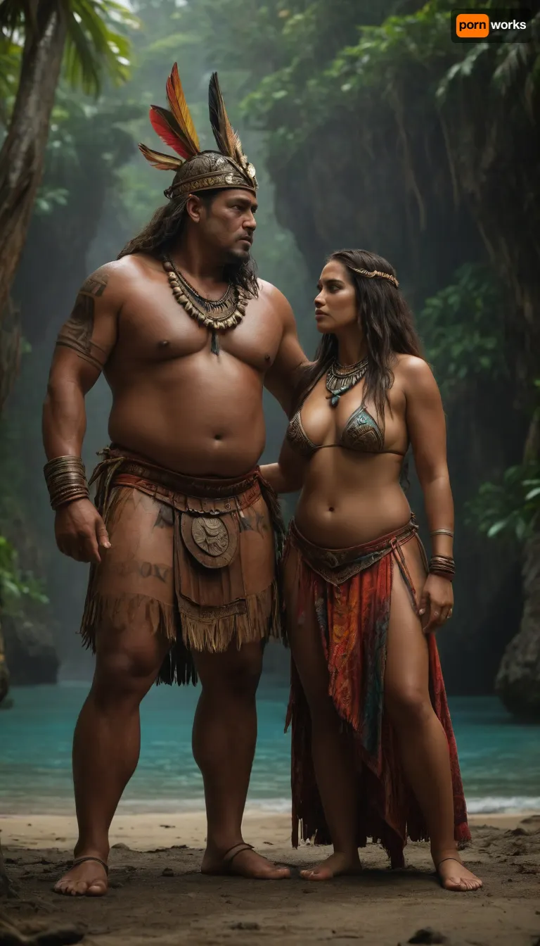 Polynesian setting, 2 people, a tall, robust man warrior and a fat shaman woman wearing a bikini and a skirt
