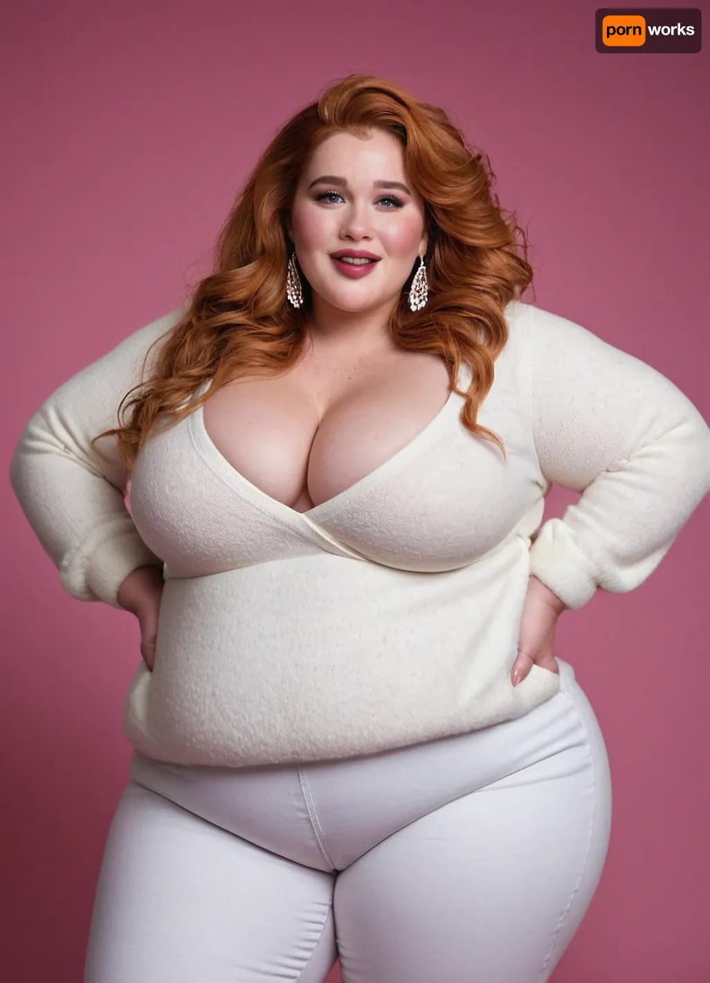 Photography, Elsa from frozen, ((oversized ssbbw)), squared jawline, and oversized wide hips. Waist, white Oversized wide fluffy sweater., (Massive fat bust), Freckles on face. Bright grey eyes, Long eyelash. Slim lips, lipstick. White jeans, Ginger wavy hair, Big earrings. Leaning backwards, sexy posing., studio lighting, amused smile, colorfully, stylish, colorful, style, bold, colors, primary, neon, perfect fingers, <lora:Colorfully_Stylish_Beta:.8>, <lora:runga_8.1-000002:.3>