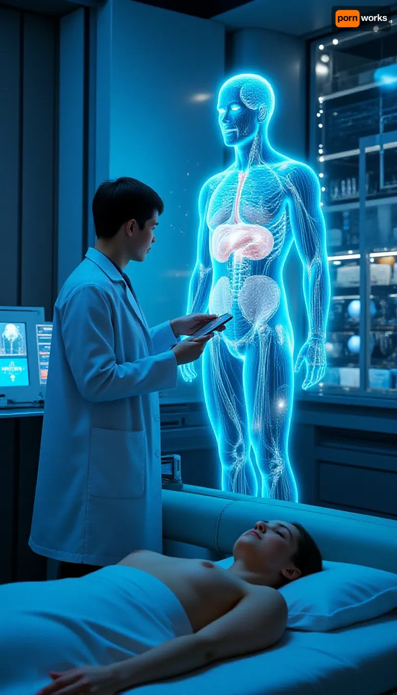 futuristic medical bay with clean metallic architecture, illuminated by cool blue ambient light and hologram reflections, a massive glowing holographic anatomical figure fills the central frame, layered with rotating organ clusters, neural diagrams, floating UI symbols, and volumetric scan grids, the doctor stands clearly in view on the left side, holding a sleek diagnostic tablet while interacting with the hologram, the doctor is illuminated by hologram glow and soft overhead medical lighting, in the background, advanced sci-fi medical equipment, transparent storage units, energy-based diagnostic panels, and sterile alloy surfaces provide environment context, the patient lies on a medical platform at the bottom frame, calm, upper body visible only, covered by a futuristic white medical drape, camera, slightly wider shot to include both doctor and environment, hologram remains central and dominant, patient cropped to shoulders and head, no lower body visible, clean stable framing, lighting, strong holographic primary glow, secondary cool-blue overhead lighting, subtle reflections on doctor’s coat and metallic surfaces, volumetric light shafts from hologram, details, futuristic diagnostic consoles, floating holographic UI layers, transparent medical displays, subtle particles in the air, natural skin texture on patient’s visible areas, sharp hologram clarity