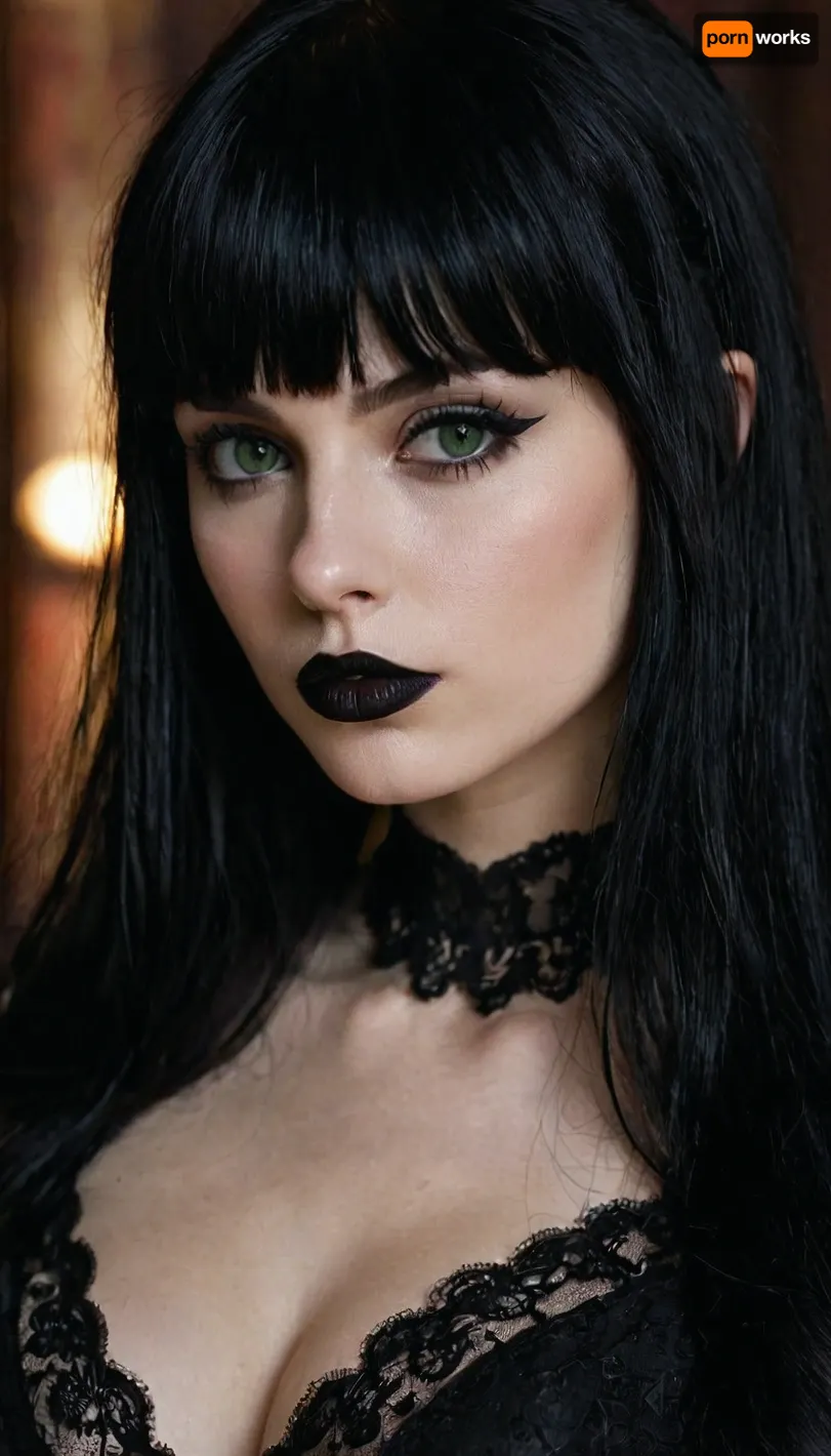 gothic, goth, pale skin, dark green eyes, black hair, bangs hair, black eyeliner, (black lipstick), white skin, perfect eyes, small eyes, detailed eyes, small nose, good anatomy, ultra detailed, high resolution, small breasts, slut face, whore, (ahegao:1), sexy posing, (illustration:1), (hand drawn:1)