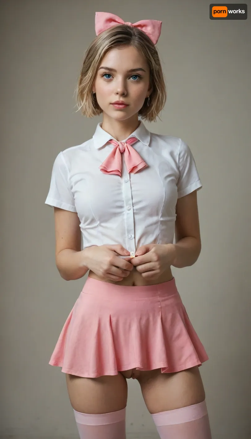 masterpiece, best quality, very awa, very aesthetic, newest, thick outlines, very detailed, 1girl, solo, standing, beautiful, cute, kawaii, Elle, adult face, short blonde bob cut, big blue eyes, beautiful face, toned body, white unbuttoned shirt, tits visible, ascot, pink mini skirt, pink mini-skirt, upskirt, no underwear, pussy visible, pink thighhighs, hair bow, highly detailed, intricate, cute pose, modelshoot, abstract background, petite, perfect body, medium perky tits, sexy pose, erotic, seductive, medium perky breasts, innie pussy, cowboy shot, shadows, dynamic angle, dutch angle, dramatic lighting, cinematic lighting