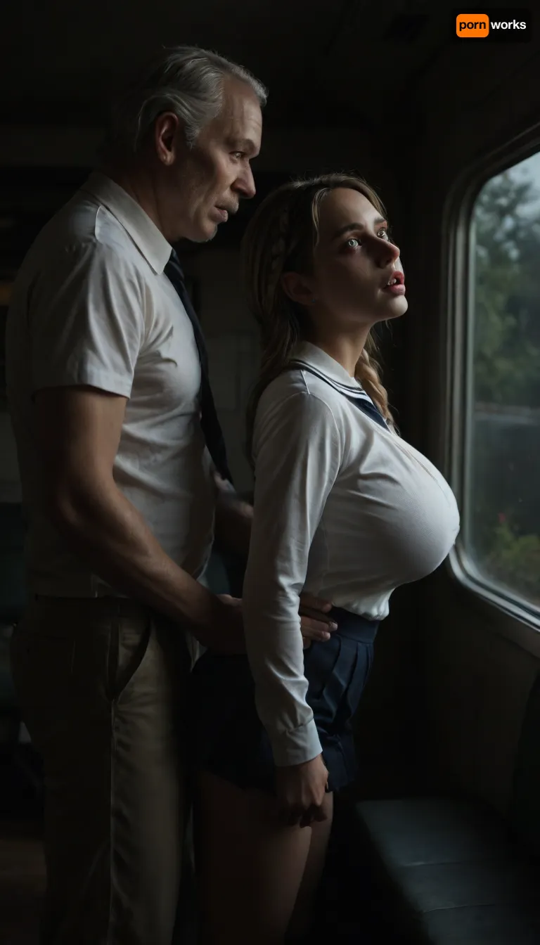 Night, dimly lit, 18 year old college girl standing on bus, scared, extremely shy, looking down, ((old man fucking her roughly from behind)), she is extremely beautiful, ((view from the side)), perfect face, blonde braided hair, hairband, skinny, massive breasts, tight school uniform, <lora:dark:.8>