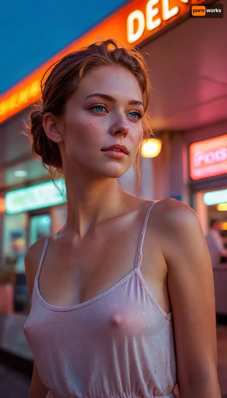A beautiful English woman, graceful, outside a neon diner at night all bathed in the warm golden hues of a breathtaking sunset, the sky has a blue pink orange and red tones with dramatic clouds. viewed from below, low camera angle, dynamic angle, (perfect face:1.5), (perfect nose:1.5), wearing a sleeveless dress with spaghetti straps, delicate fabric flowing in the soft evening breeze, gentle sunset light, smart auburn hair tied into a loose bun, sun-kissed skin, tan lines, 28 years old looking at the camera. Full body view, hair pulled back into a short, ponytail, slicked back hair. She looks lovingly at the person behind the camera. It is a summer evening and the scene is bathed in neon light, which reflects of the wet ground. It is hot and she is sweating profusely her skin is glistening. She looks down at the camera. She in painfully thin.
Hollywood ‘A lister’.
Auburn hair, you’re able to see her skin hairs and follicles. braless, Wearing, clothes, that, make, sense, with, Braless>, ashlynn_spektre_xl, a, photo, of, in, the, style, liam-wong, <lora:Midjourney Image Enhancer XL v1:1.5>, <lora:bralessSDXL_v1_00022:1.3>, <lora:detailed_notrigger:1.5>, <lora:()Ashlynn Spektre XL:1.8>, <lora:liam-wong-sdxl-v1-000064:2>