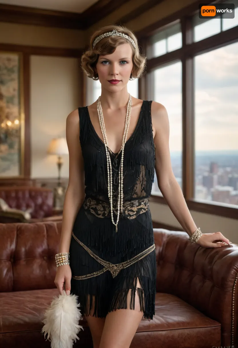 cute portrait of Amelia Earhart, full body, hotel penthouse lounge, overstuffed couch, ornate decorations, skyline, (1920s), (wearing a sexy flapper dress with a short skirt and a deep V neckline), bead necklace, tiara with a feather