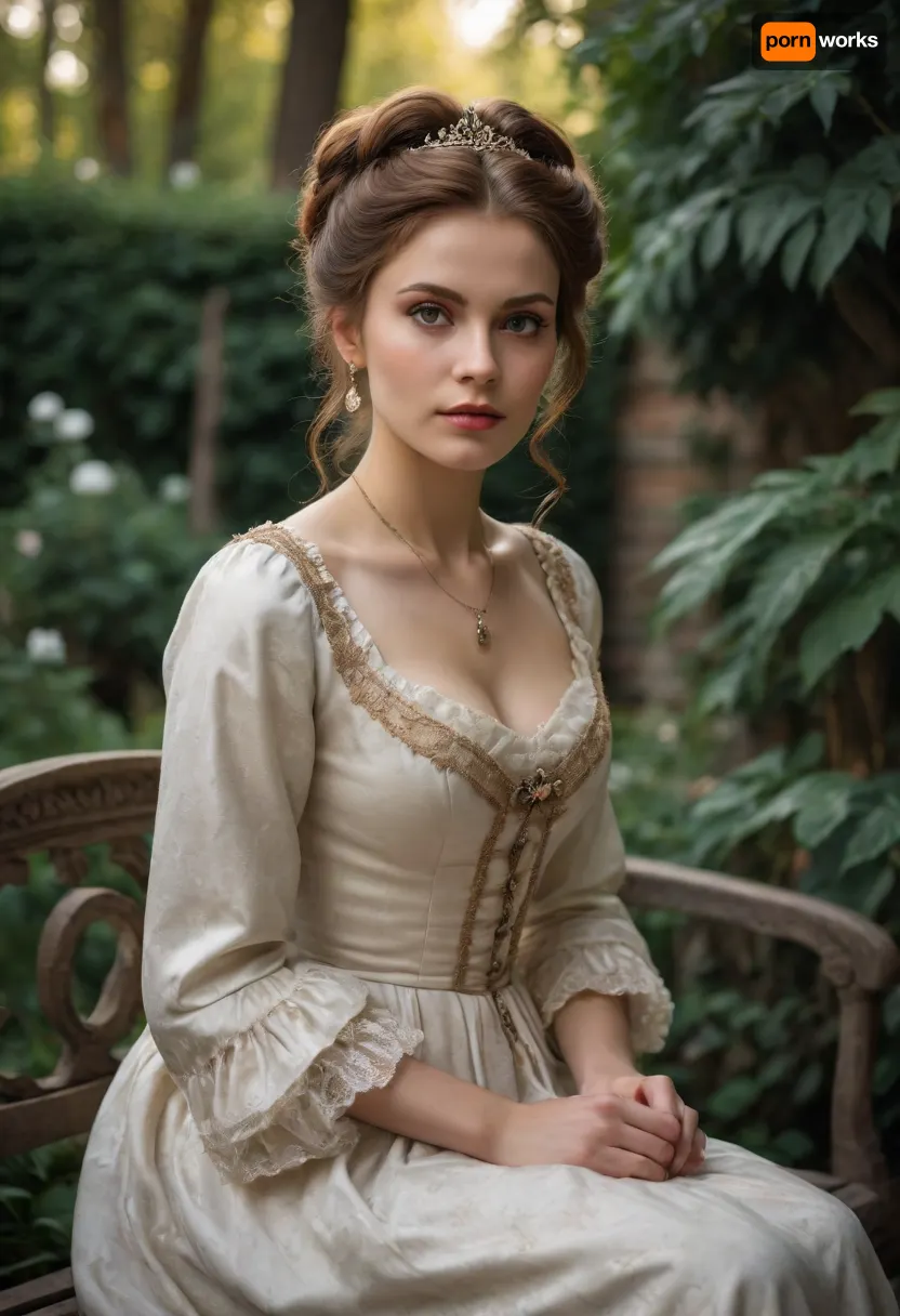 portrait of Anastasia Romanov, backyard garden, marble bench, sitting, Victorian dress, cleavage, fancy up-do hairstyle