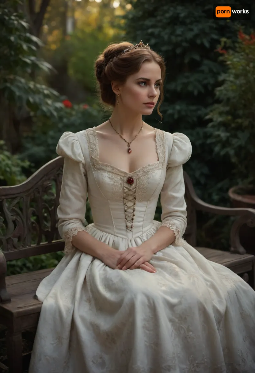 portrait of Anastasia Romanov, backyard garden, marble bench, sitting, Victorian dress, cleavage, fancy up-do hairstyle