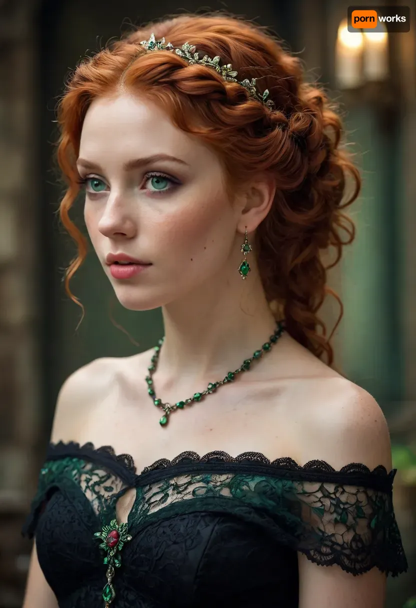 photograph, digital art, fantasy style, beautiful red-haired woman, long curly hair, braided crown, fair skin, freckles, green eyes, delicate features, wearing black off-shoulder dress with lace trim, beaded necklace, ornate earring, looking over shoulder, soft light, dark textured background, ethereal, fantasy character, intricate hair details, realistic texture, fantasy portrait, romantic, mystical, detailed, elegant, soft focus, dreamy atmosphere. /©KlTTY-ART/