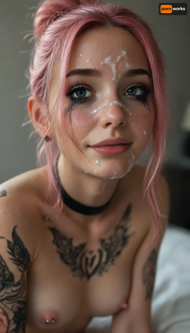 Cinematic still, (18yo woman), submissive, horny, cute, gorgeous, freckles, ((slim:1.4)), ((muscular:1.3)), (black mystical body tattoos:1.5), perfect round breasts, nipple piercing, dark makeup, eyeliner, eyeshadow, mascara, long eyelashes, slim waist, nude, black stockings, black choker, very long pink hair, striking facial features, (greem eyes), smiling eyes, narrow face, wet skin, silver jewelry, on bed in a bright bedroom, (crawling over the viewer:1.5), (((looking directly to the viewer))), (cum on face:1.9), mouth closed, kiss mouth, (ruined makeup:1.2), (ruined hairstyle:1.3), cum on tits, cum dripping, devot, (closeup face:1.7), view from below, 4k epic detail, shot on kodak, 35mm photo, sharp focus, high budget, cinemascope, moody, epic, film grain, grainy, score_9, score_8_up, score_7_up, rating, explicit, big_eyes, but, <lora:style_lora_realis:2>, <lora:BUT_SDXL_SHS:2>, <lora:SDXLHighDetail_v6-000005:2>