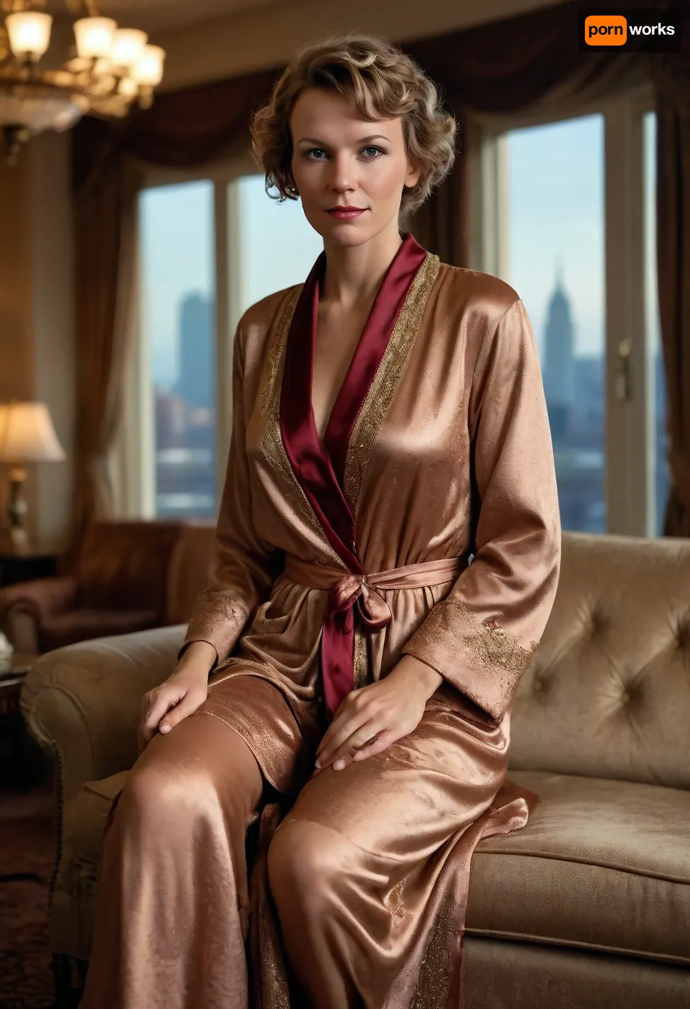 cute portrait of Amelia Earhart, full body, hotel penthouse lounge, overstuffed couch, ornate decorations, skyline, (1920s), (silk robe)