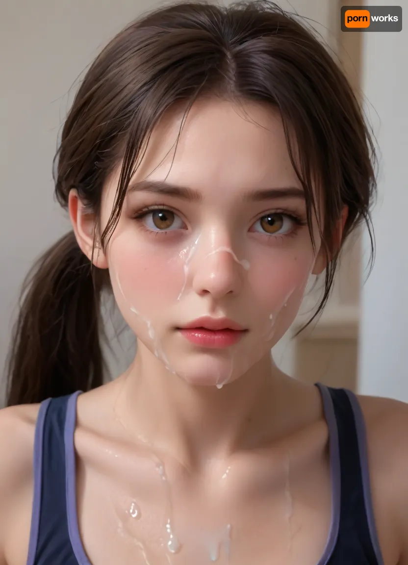 Ultra-realistic portrait, ((macro Closeup bukkake face)), camera very very close to face, of a athletic, slender natural beauty supermodel with pale skin drenched in semen from face to body, long dark brown hair styled in a thick ponytail, black hair tie, brown eyes, and subtle, decent makeup. Her face is softly oval, framed by natural brows and a Apologetic, regretful face expression, thick semen is Apologetic from her lips, she has several shots of Cum semen on her face, The scene is set in a stylish, avant-garde urban workout gym lounge with innovative architecture, 8k., facialized, superfacialized, bukkake, <lora:facialized:.8>, <lora:JustCum:.8>, <lora:cum_in_eye_deepmind:.8>