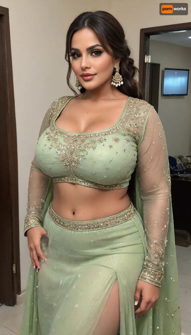 Pakistani aunty bimbo, extremely chubby, extreme hyper colossal wide booty, booty wider and larger than torso, hyper colossal round boobs, extremely large areola, extremely puffy nipple, thin waist, muscular abs, no underwear, she wears a Pakistani traditional wedding fashion see-through dress, on Pakistani traditional wedding function, hair style ponytail, large, breasts, big, boobs, huge, tits, ohwx, <lora:bombshell_v2:.8>, <lora:GracieBon-000005:1.2>